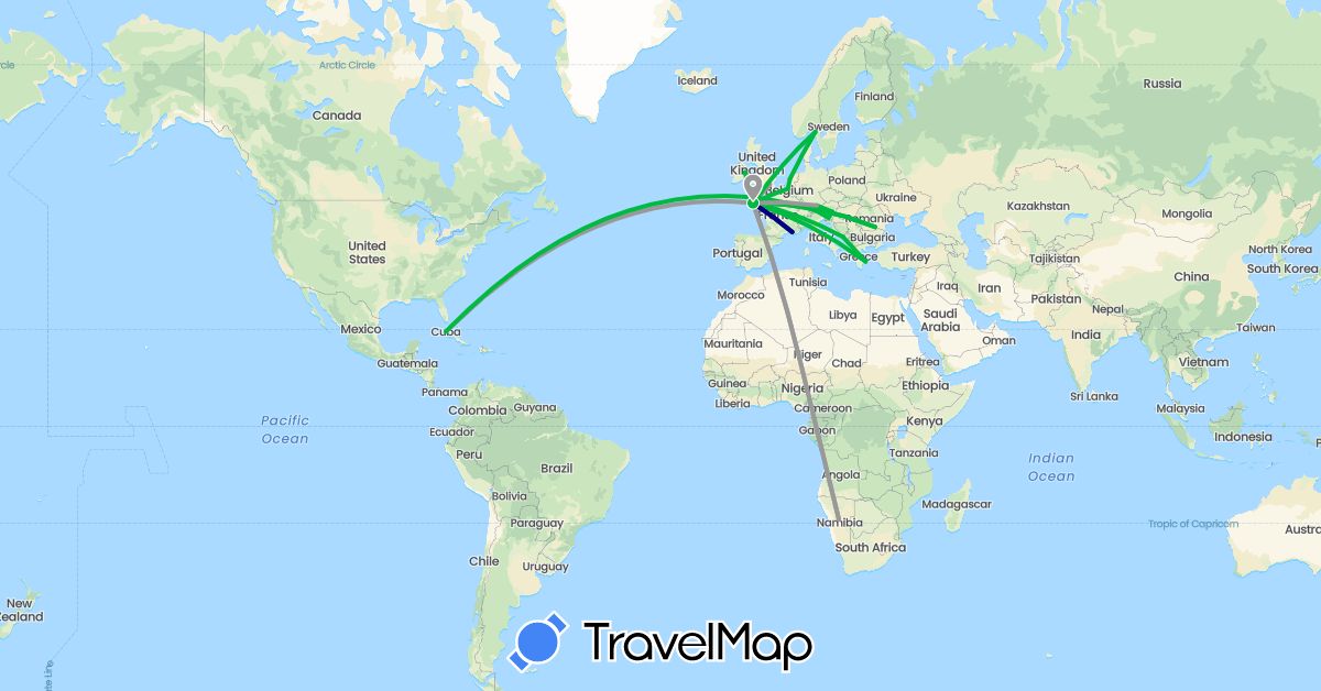 TravelMap itinerary: driving, bus, plane in Austria, Belgium, Cuba, Germany, France, United Kingdom, Greece, Croatia, Ireland, Namibia, Netherlands, Romania, Sweden, Slovenia (Africa, Europe, North America)